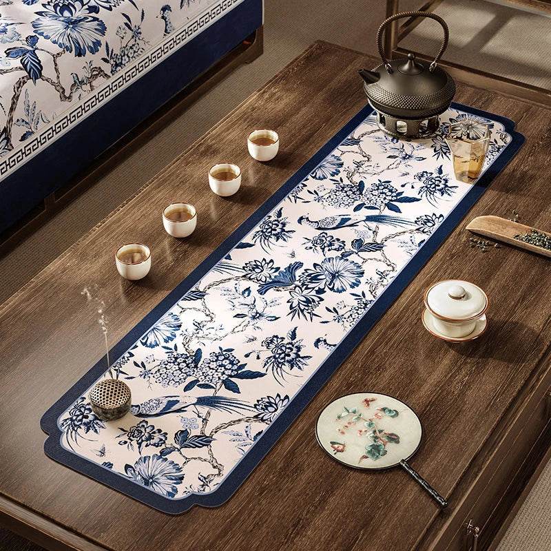 Chinoiserie White and Blue Leather Tea Table Drying Mat - SinoCultural -- TM009A15