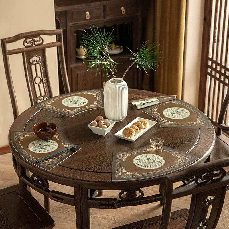 2-Piece Chinoiserie Woodland Brown Bird Fan-shaped Leather Placemat - SinoCultural -- TM037A4629