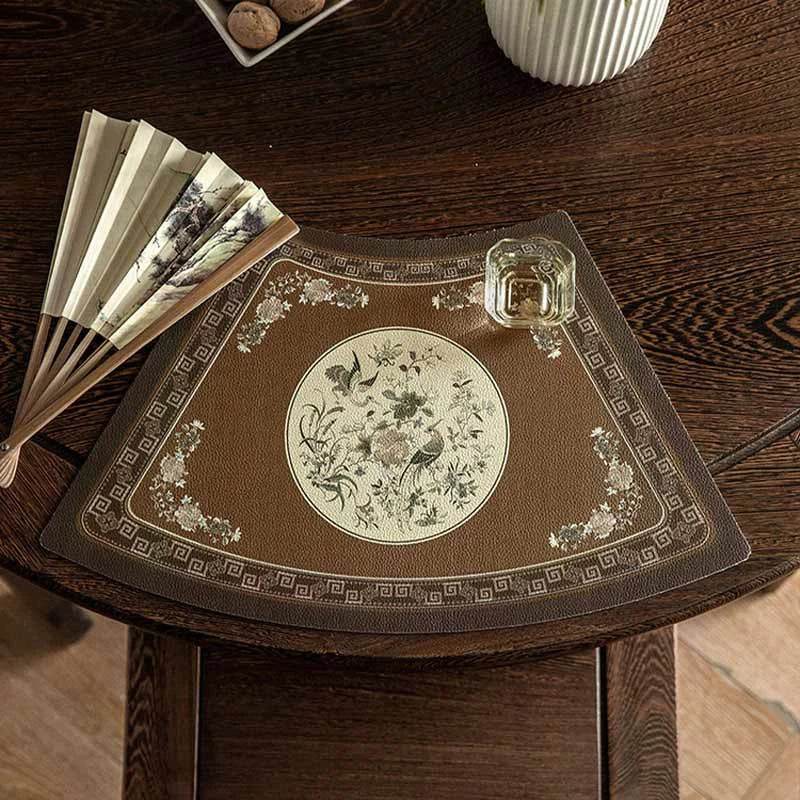 2-Piece Chinoiserie Woodland Brown Bird Fan-shaped Leather Placemat - SinoCultural -- TM037A4629