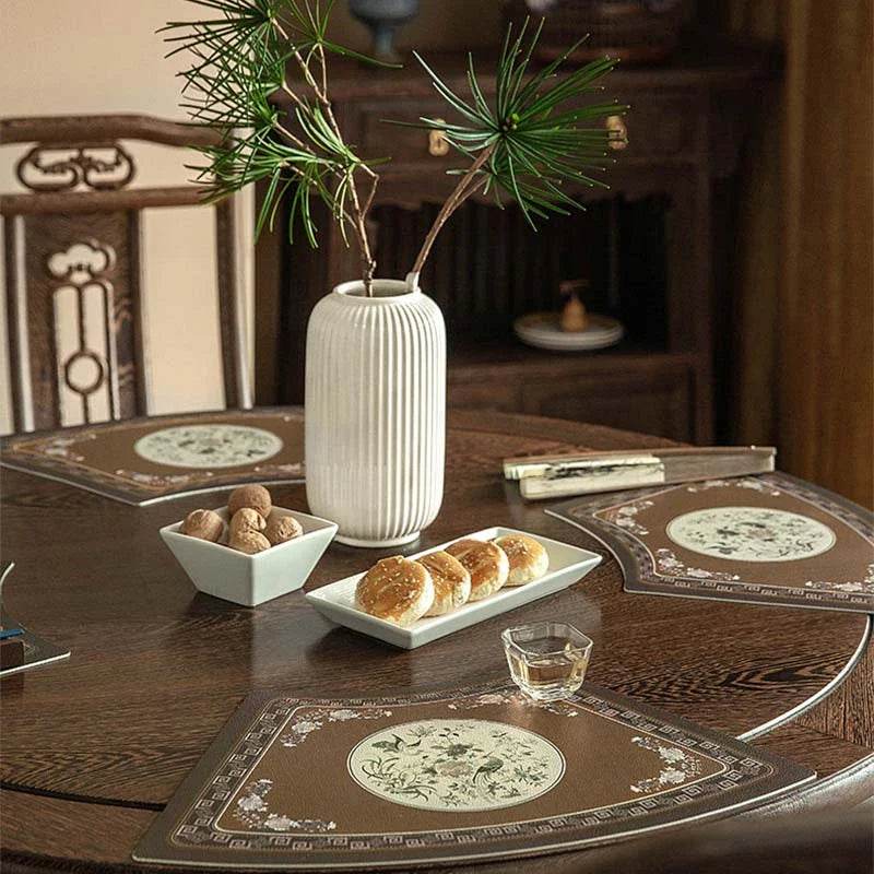 2-Piece Chinoiserie Woodland Brown Bird Fan-shaped Leather Placemat - SinoCultural -- TM037A4629