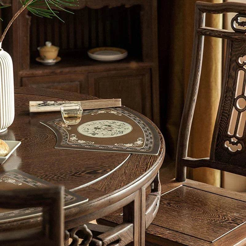 2-Piece Chinoiserie Woodland Brown Bird Fan-shaped Leather Placemat - SinoCultural -- TM037A4629