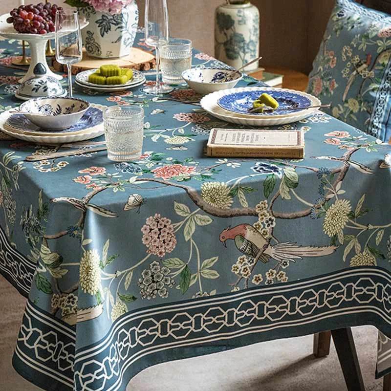Chinoiserie Vintage Flowers and Birds Blue Tablecloth - SinoCultural -- TC008B85