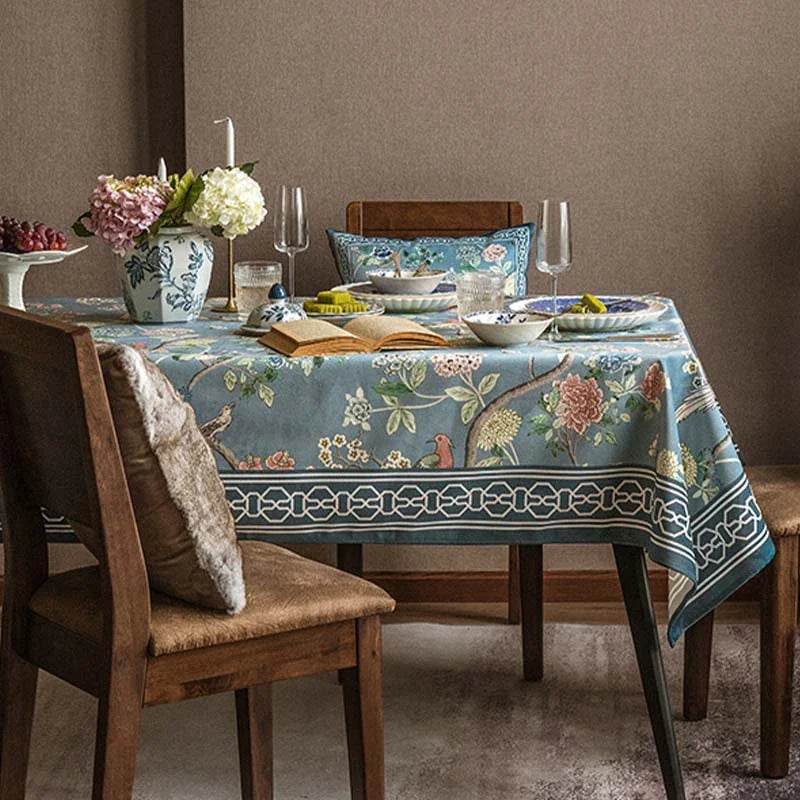 Chinoiserie Vintage Flowers and Birds Blue Tablecloth - SinoCultural -- TC008B85