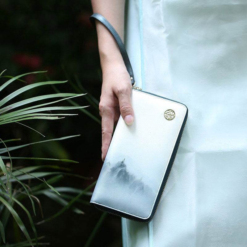 Chinese Style Cloud Mountain Blue Printed Cowhide Wallet - SinoCultural -- P420067 -