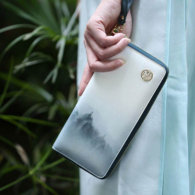 Chinese Style Cloud Mountain Blue Printed Cowhide Wallet - SinoCultural -- P420067 -