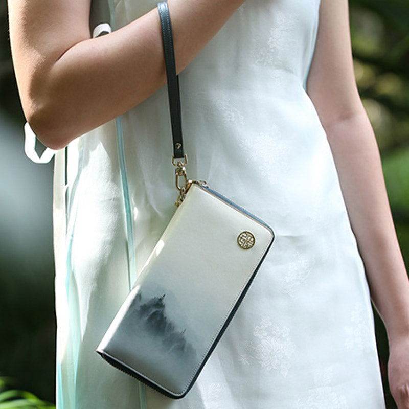 Chinese Style Cloud Mountain Blue Printed Cowhide Wallet - SinoCultural -- P420067 -
