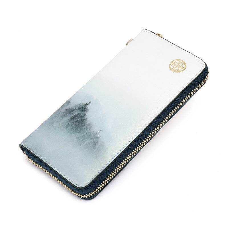 Chinese Style Cloud Mountain Blue Printed Cowhide Wallet - SinoCultural -- P420067 -