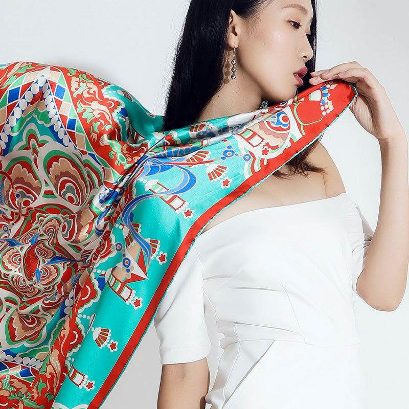 Mulberry Silk 16 Momme Celestial Dance Silk Square Scarf 90x90cm - SinoCultural -- SS017