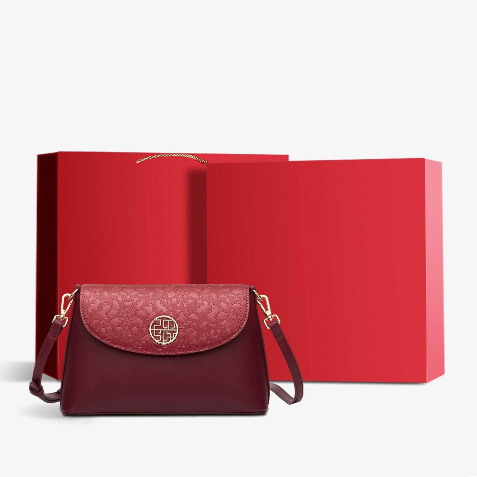 Embossing Leather Red Shoulder Bag Wedding Handbag - SinoCultural -- P240042R