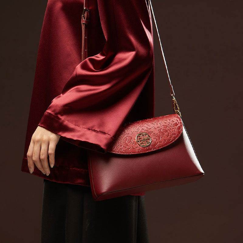 Embossing Leather Red Shoulder Bag Wedding Handbag - SinoCultural -- P240042R