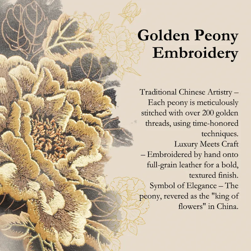 Golden peony embroidery detail on black leather luxury handbag.