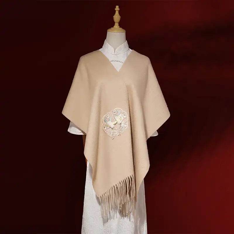 Handcrafted Embroidery Premium 100% Wool Scarf Shawl Beaded Fringe 180x30cm - SinoCultural -- LS066