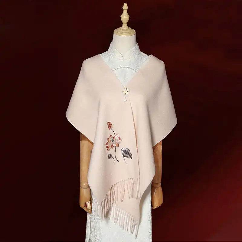 Handcrafted Embroidery Premium 100% Wool Scarf Shawl Lotus 180x30cm - SinoCultural -- LS065