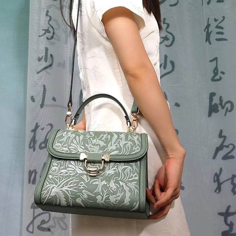 Embroidery Leather Handbag Dunhuang Culture Designer Bag - SinoCultural -- CXXB054B -