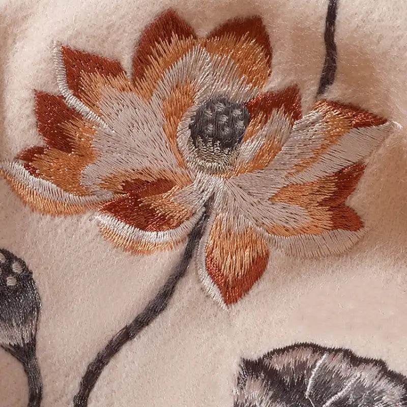 Handcrafted Embroidery Premium 100% Wool Scarf Shawl Lotus 180x30cm - SinoCultural -- LS065