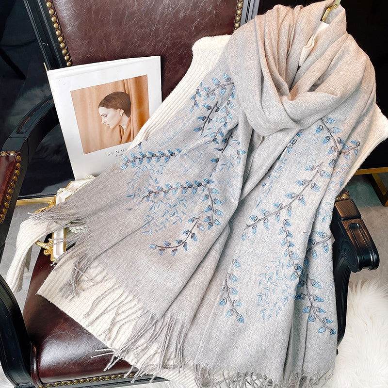 Embroidery 100% Pure Cashmere Scarf Vine Winter Accessory 200x60 cm - SinoCultural -- HYFSJ043