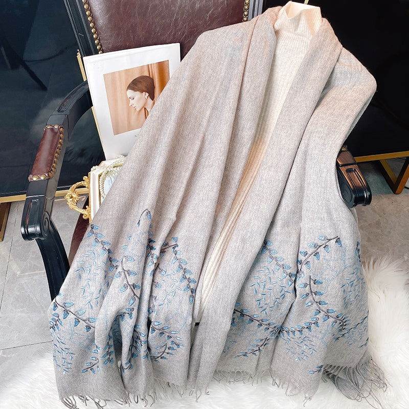 Embroidery 100% Pure Cashmere Scarf Vine Winter Accessory 200x60 cm - SinoCultural -- HYFSJ043