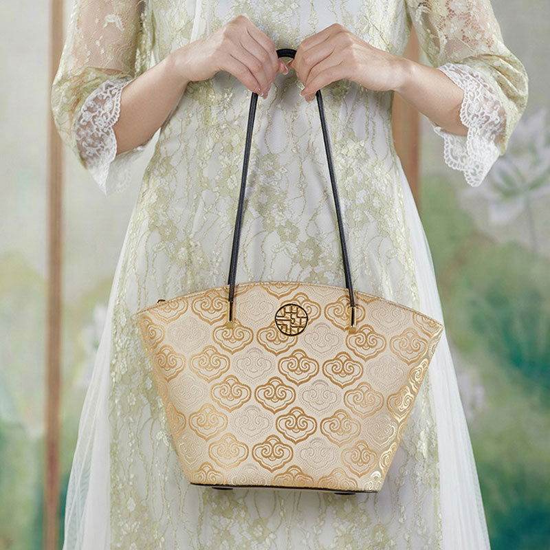 Embroidery Leather Shoulder Tote Bag Cloud Pattern Handbag - SinoCultural -- SC1682-A2