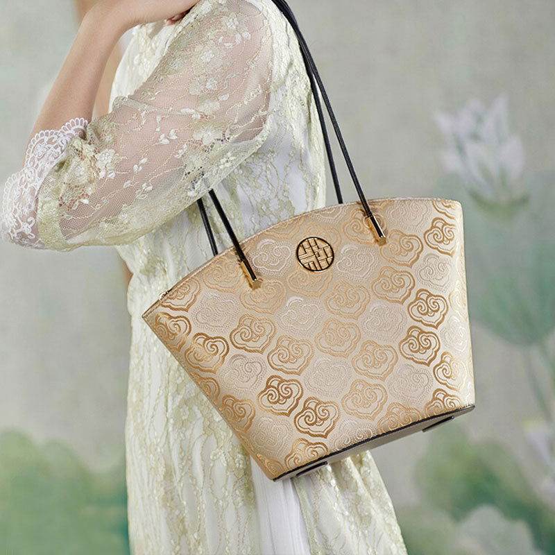 Embroidery Leather Shoulder Tote Bag Cloud Pattern Handbag - SinoCultural -- SC1682-A2