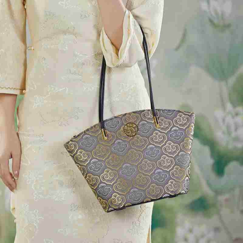 Embroidery Leather Shoulder Tote Bag Cloud Pattern Handbag - SinoCultural -- SC1682-A2