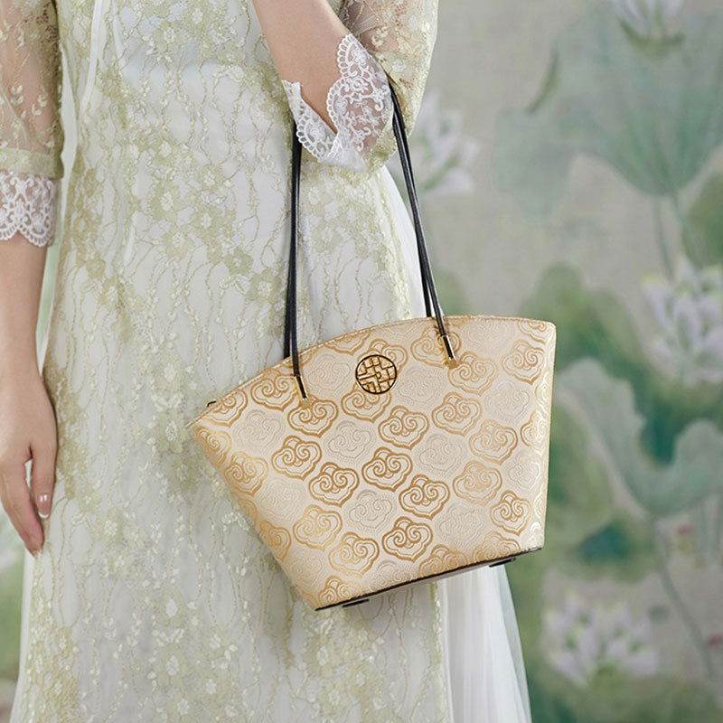 Embroidery Leather Shoulder Tote Bag Cloud Pattern Handbag - SinoCultural -- SC1682-A2