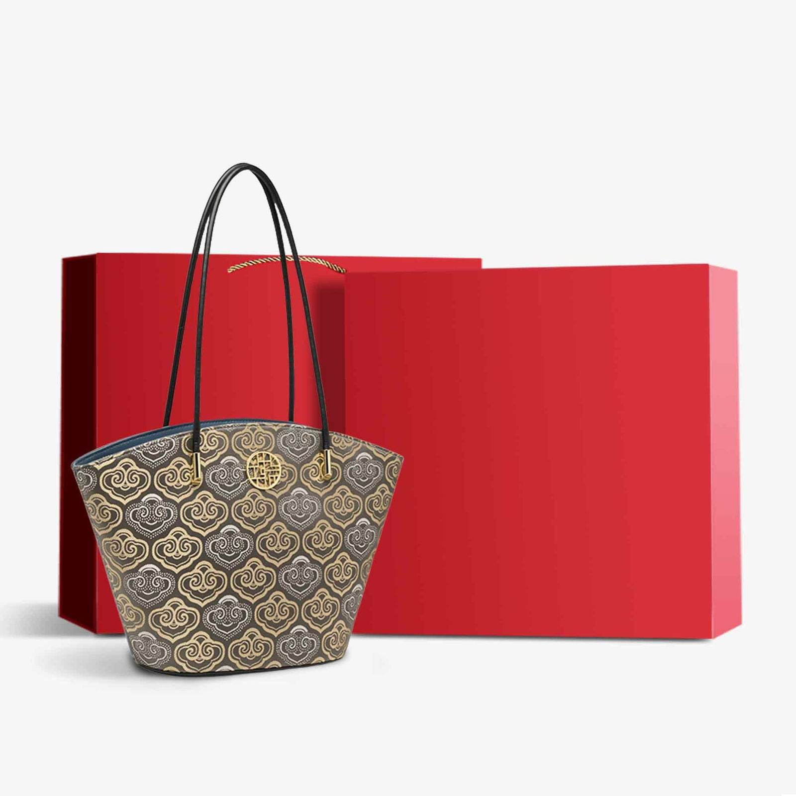 Embroidery Leather Shoulder Tote Bag Cloud Pattern Handbag - SinoCultural -- SC1682-A2