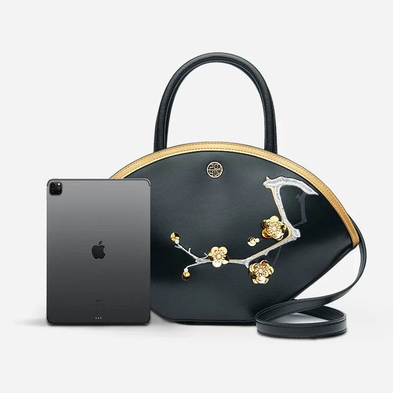Embroidery Leather Black Basket Handbag 3D Peach Blossom - SinoCultural -- P120469