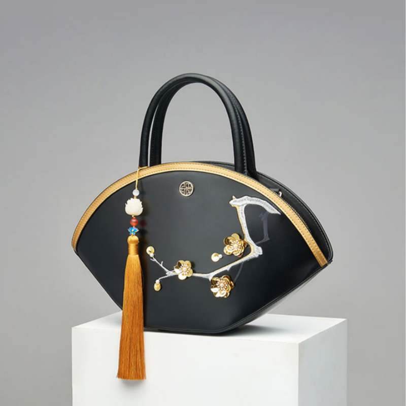 Embroidery Leather Black Basket Handbag 3D Peach Blossom - SinoCultural -- P120469