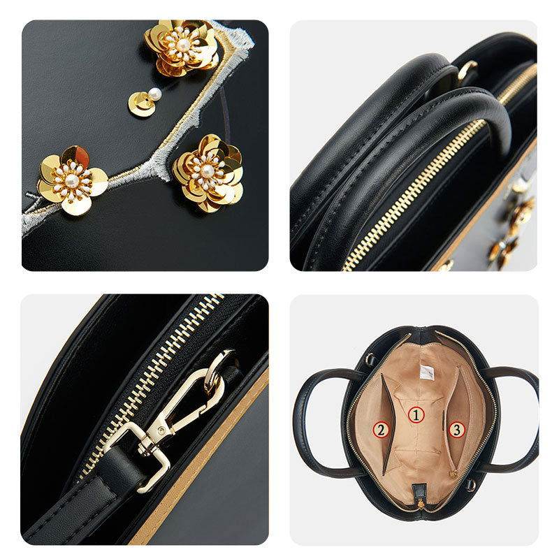 Embroidery Leather Black Basket Handbag 3D Peach Blossom - SinoCultural -- P120469