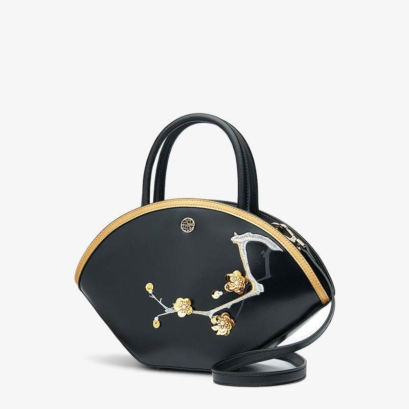 Embroidery Leather Black Basket Handbag 3D Peach Blossom - SinoCultural -- P120469