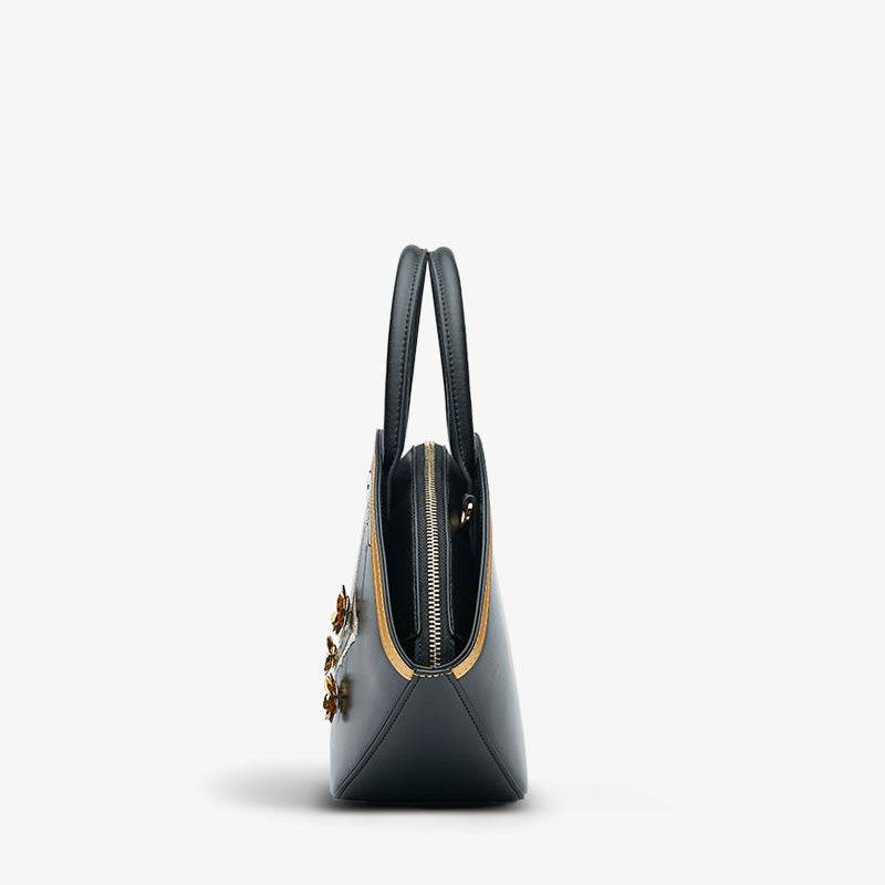 Embroidery Leather Black Basket Handbag 3D Peach Blossom - SinoCultural -- P120469
