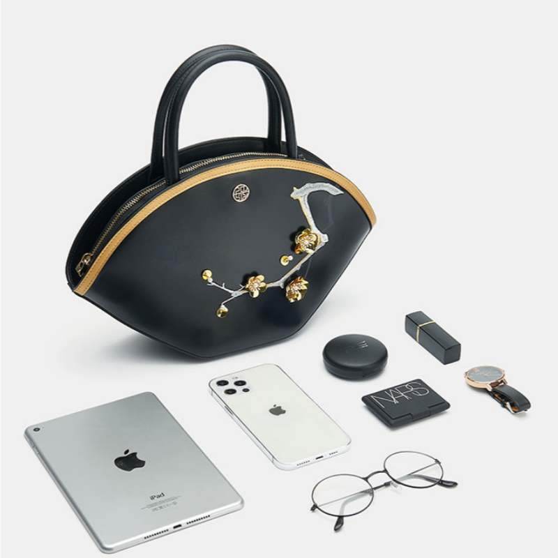 Embroidery Leather Black Basket Handbag 3D Peach Blossom - SinoCultural -- P120469