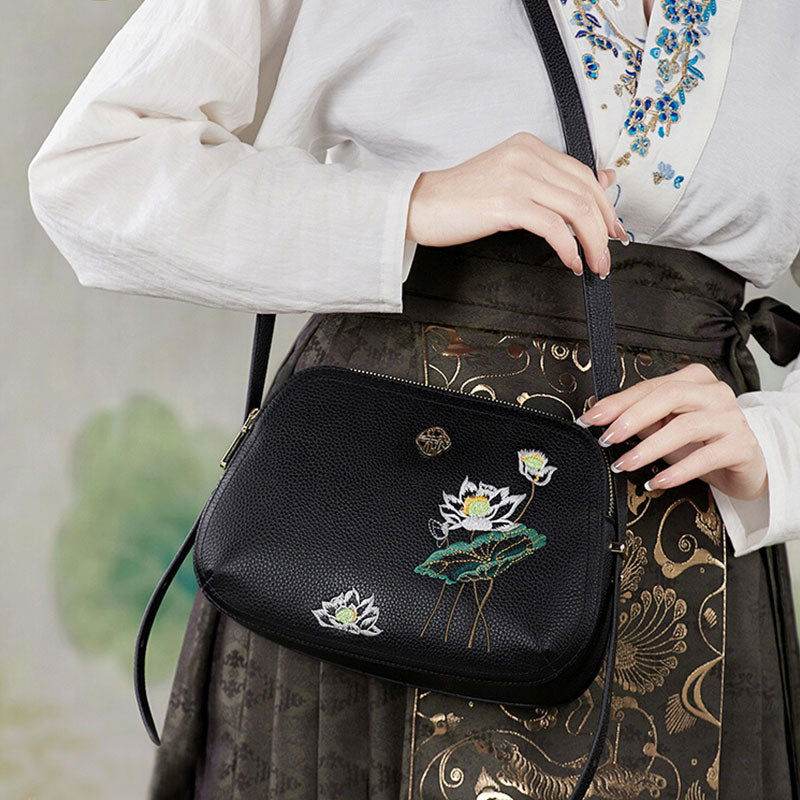 Embroidery Leather Shoulder Bag Black Lotus Handbag - SinoCultural -- YC383R1