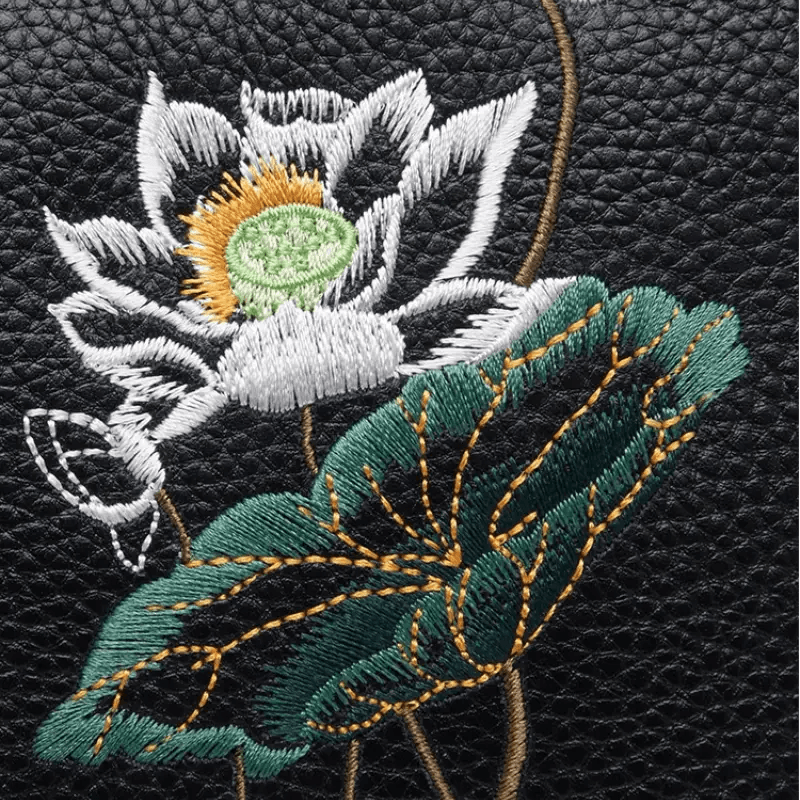 Embroidery Leather Shoulder Bag Black Lotus Handbag - SinoCultural -- YC383R1