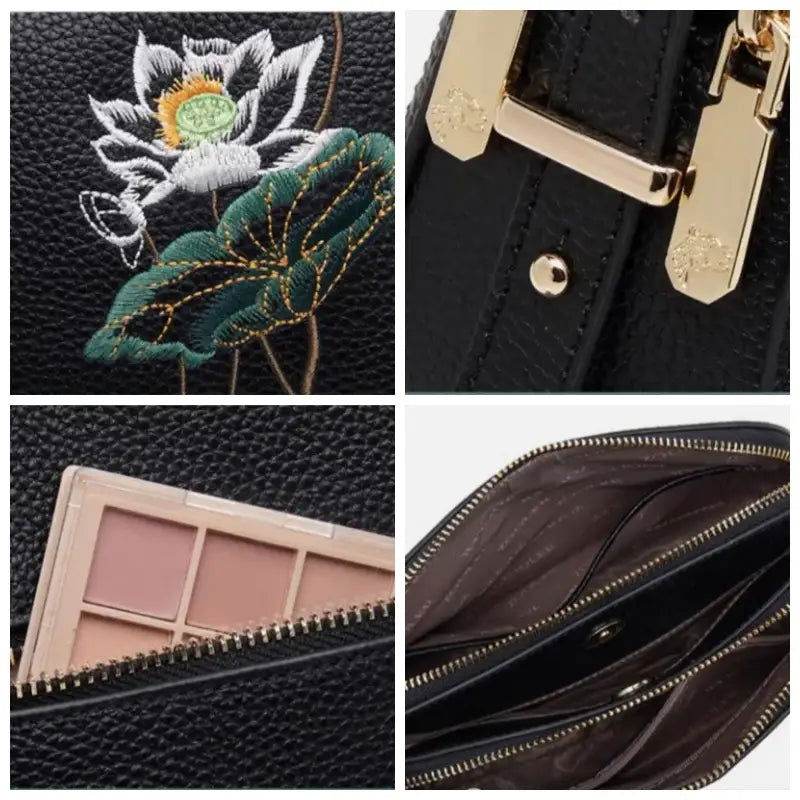 Embroidery Leather Shoulder Bag Black Lotus Handbag - SinoCultural -- YC383R1