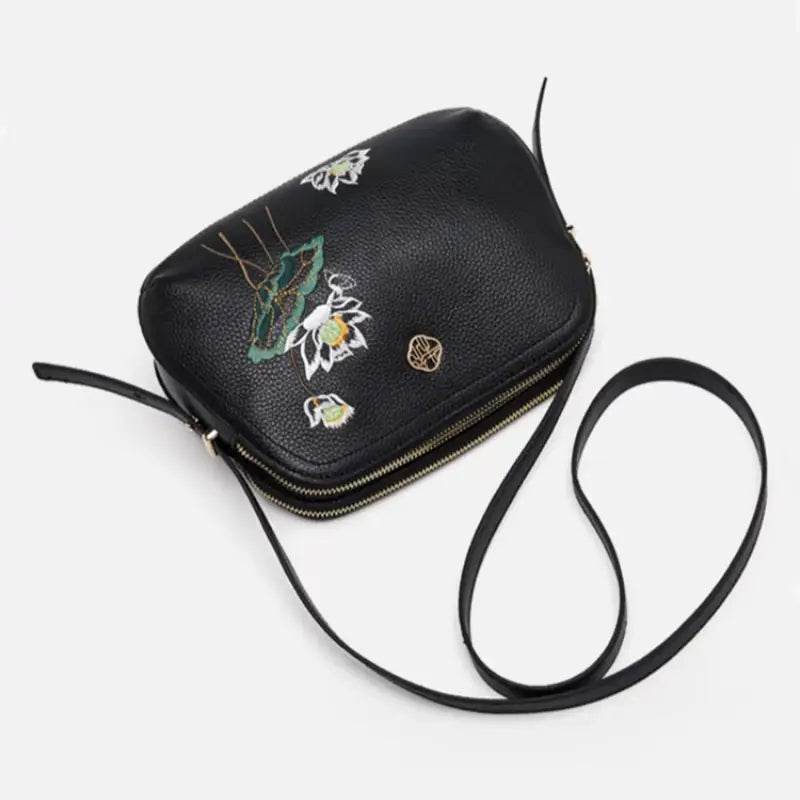 Embroidery Leather Shoulder Bag Black Lotus Handbag - SinoCultural -- YC383R1