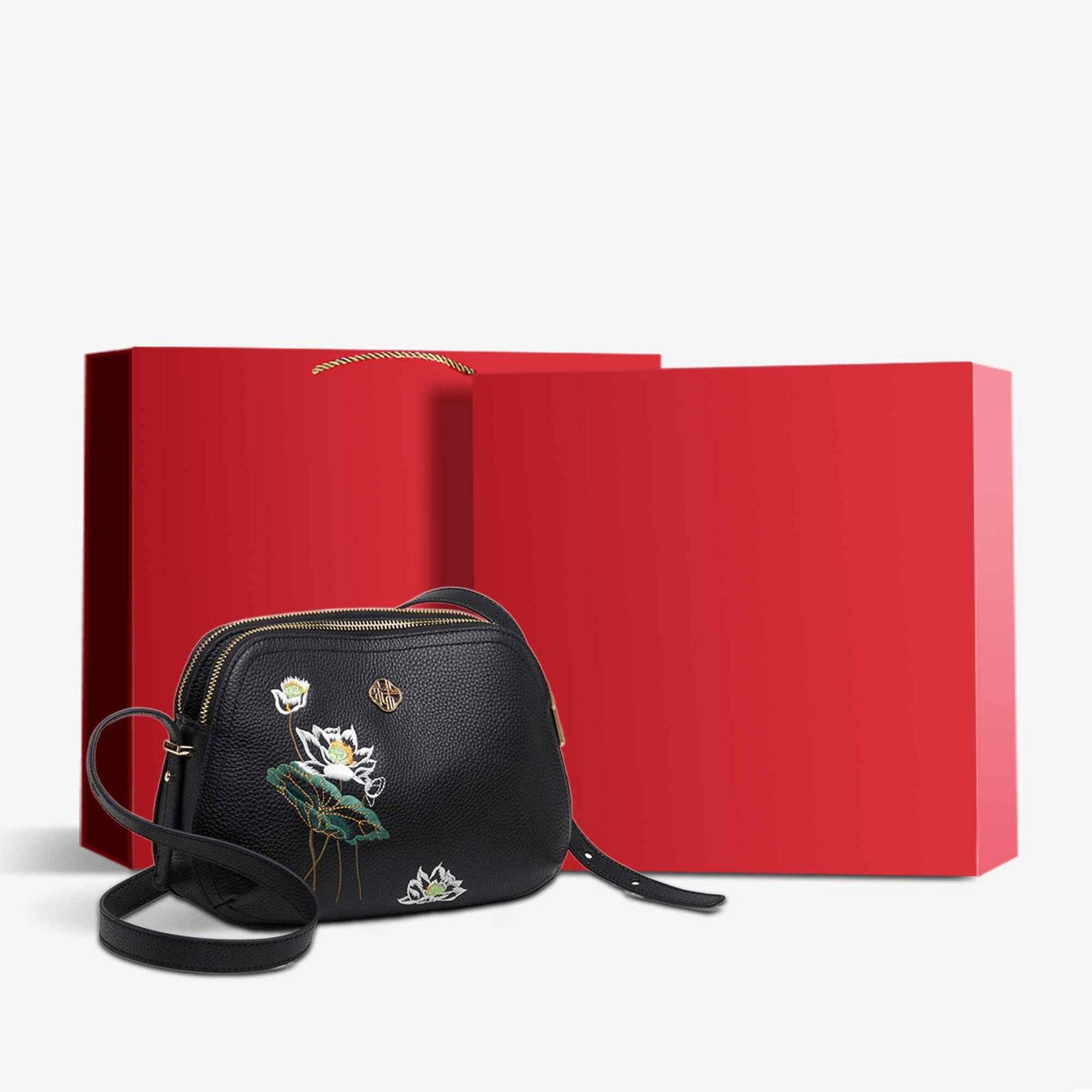 Embroidery Leather Shoulder Bag Black Lotus Handbag - SinoCultural -- YC383R1