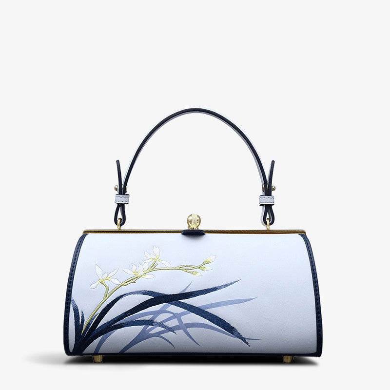 Embroidery Leather Blue Kiss Lock Bag Orchid Cylinder Chain Handbag - SinoCultural -- P120117