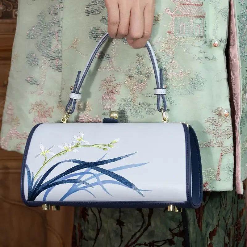 Embroidery Leather Blue Kiss Lock Bag Orchid Cylinder Chain Handbag - SinoCultural -- P120117
