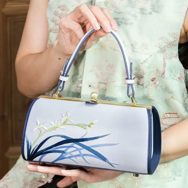 Embroidery Leather Blue Kiss Lock Bag Orchid Cylinder Chain Handbag - SinoCultural -- P120117