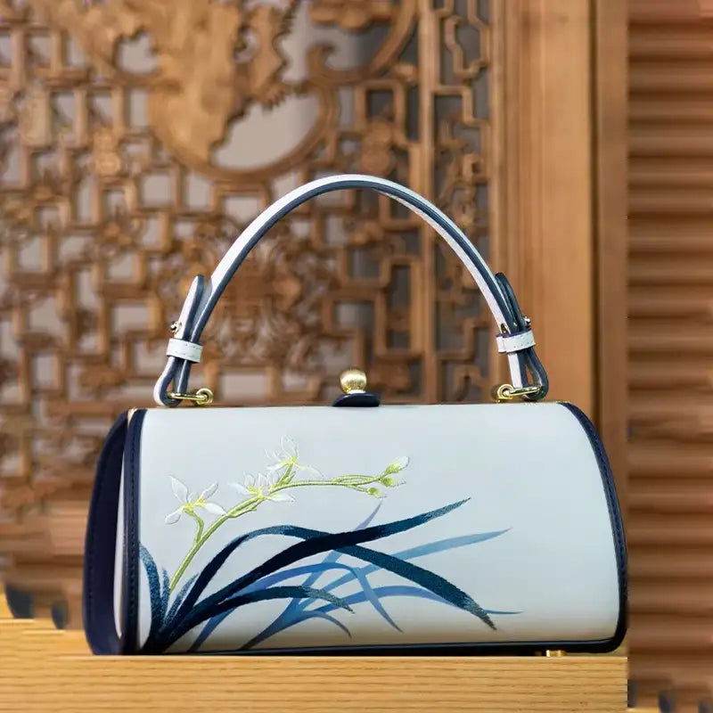 Embroidery Leather Blue Kiss Lock Bag Orchid Cylinder Chain Handbag - SinoCultural -- P120117