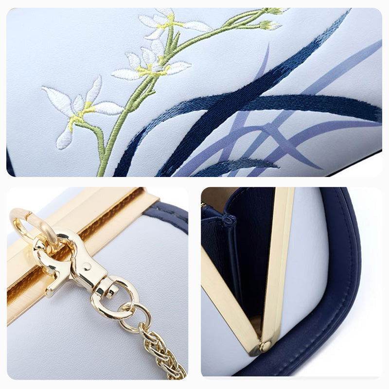 Embroidery Leather Blue Kiss Lock Bag Orchid Cylinder Chain Handbag - SinoCultural -- P120117