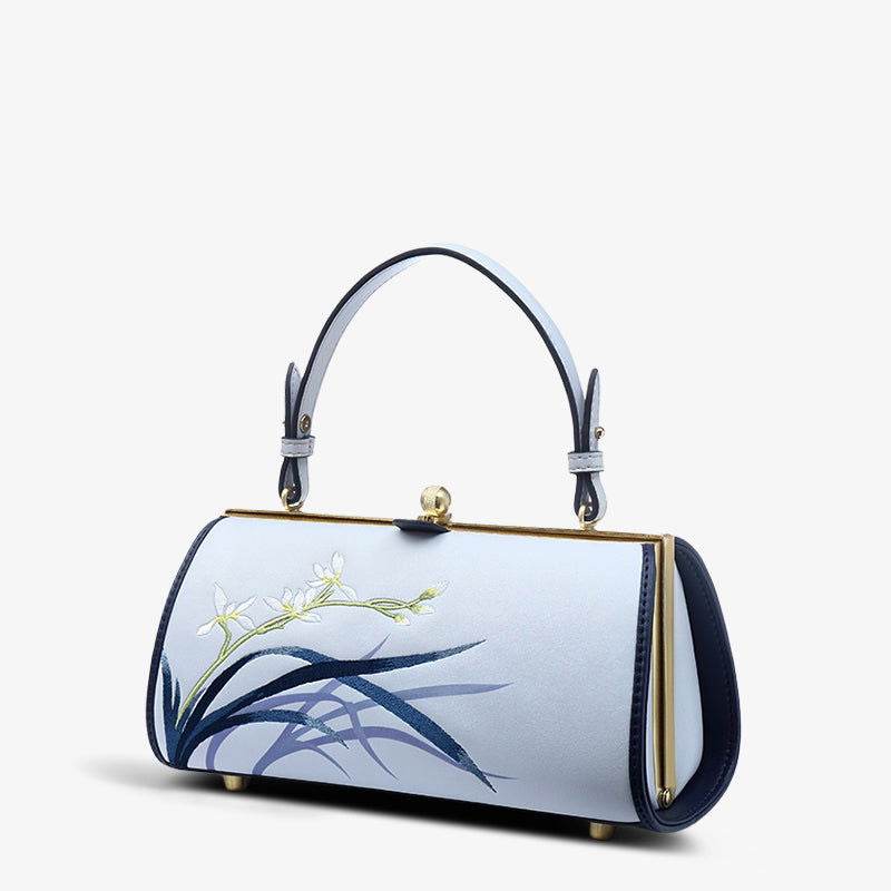 Embroidery Leather Blue Kiss Lock Bag Orchid Cylinder Chain Handbag - SinoCultural -- P120117