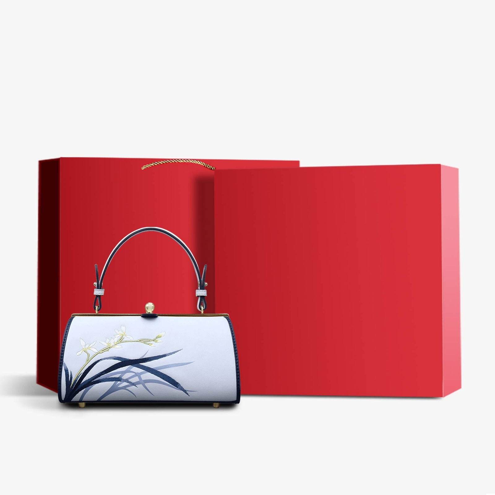 Embroidery Leather Blue Kiss Lock Bag Orchid Cylinder Chain Handbag - SinoCultural -- P120117