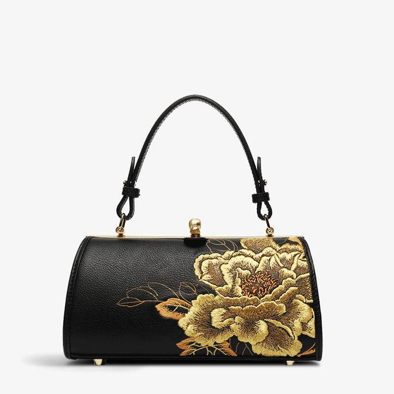 Embroidery Leather Kiss Lock Bag Royal Gold Peony Luxury Handbag - SinoCultural -- P110149-2