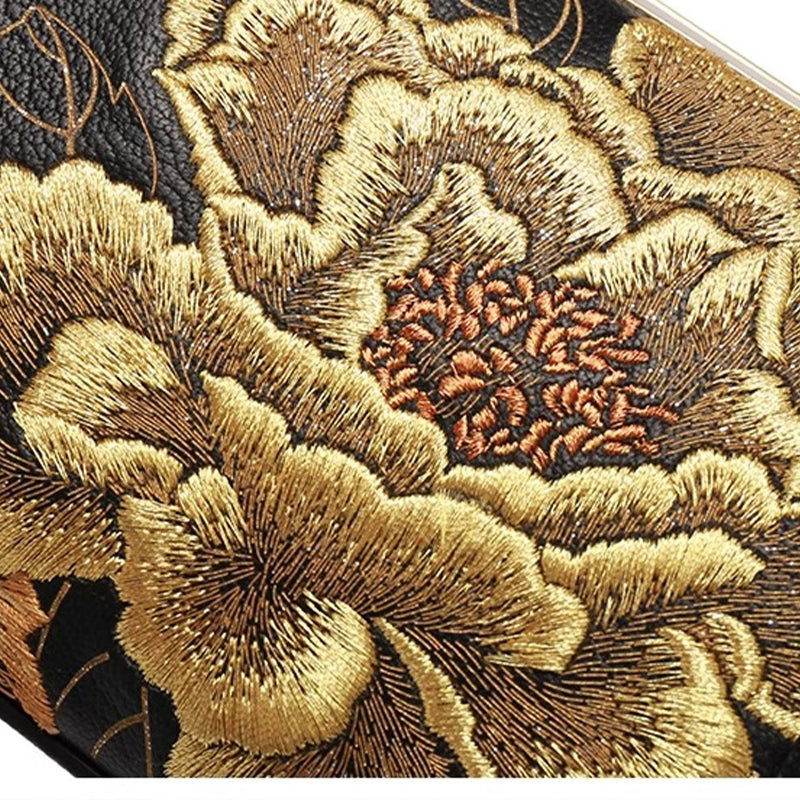 Embroidery Leather Kiss Lock Bag Royal Gold Peony Luxury Handbag - SinoCultural -- P110149-2