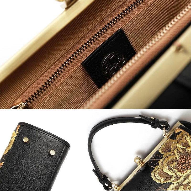 Embroidery Leather Kiss Lock Bag Royal Gold Peony Luxury Handbag - SinoCultural -- P110149-2