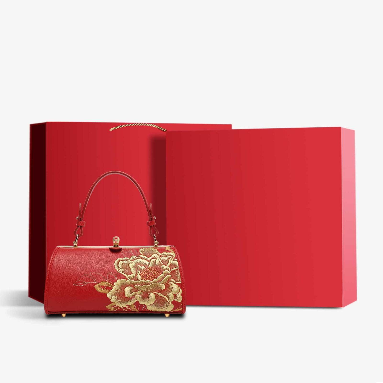 Embroidery Leather Kiss Lock Bag Royal Gold Peony Luxury Handbag - SinoCultural -- P110149-2