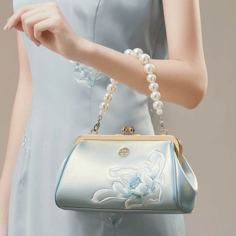Luxury Leather Kiss Lock Clutch Bag Lotus Embroidery with Pearl Handle- SinoCultural -- P220251