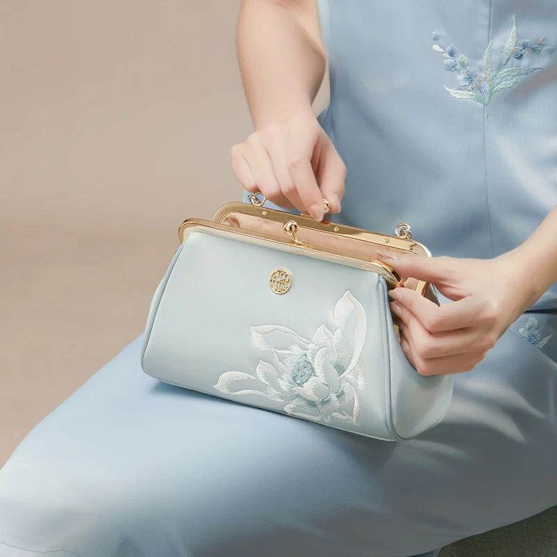 Embroidery Leather Kiss Lock Clutch Bag Lotus Evening Handbag - SinoCultural -- P220251